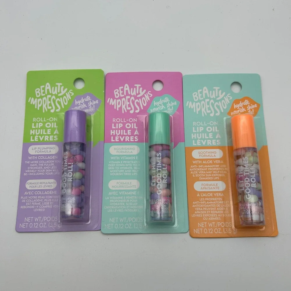 Beauty Impressions Roll-On‎ Lip Oil Set 3pk Collagen Vitamin E Aloe Vera New